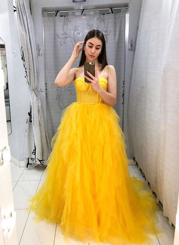 Yellow tulle long prom dress evening dress HZ1023
